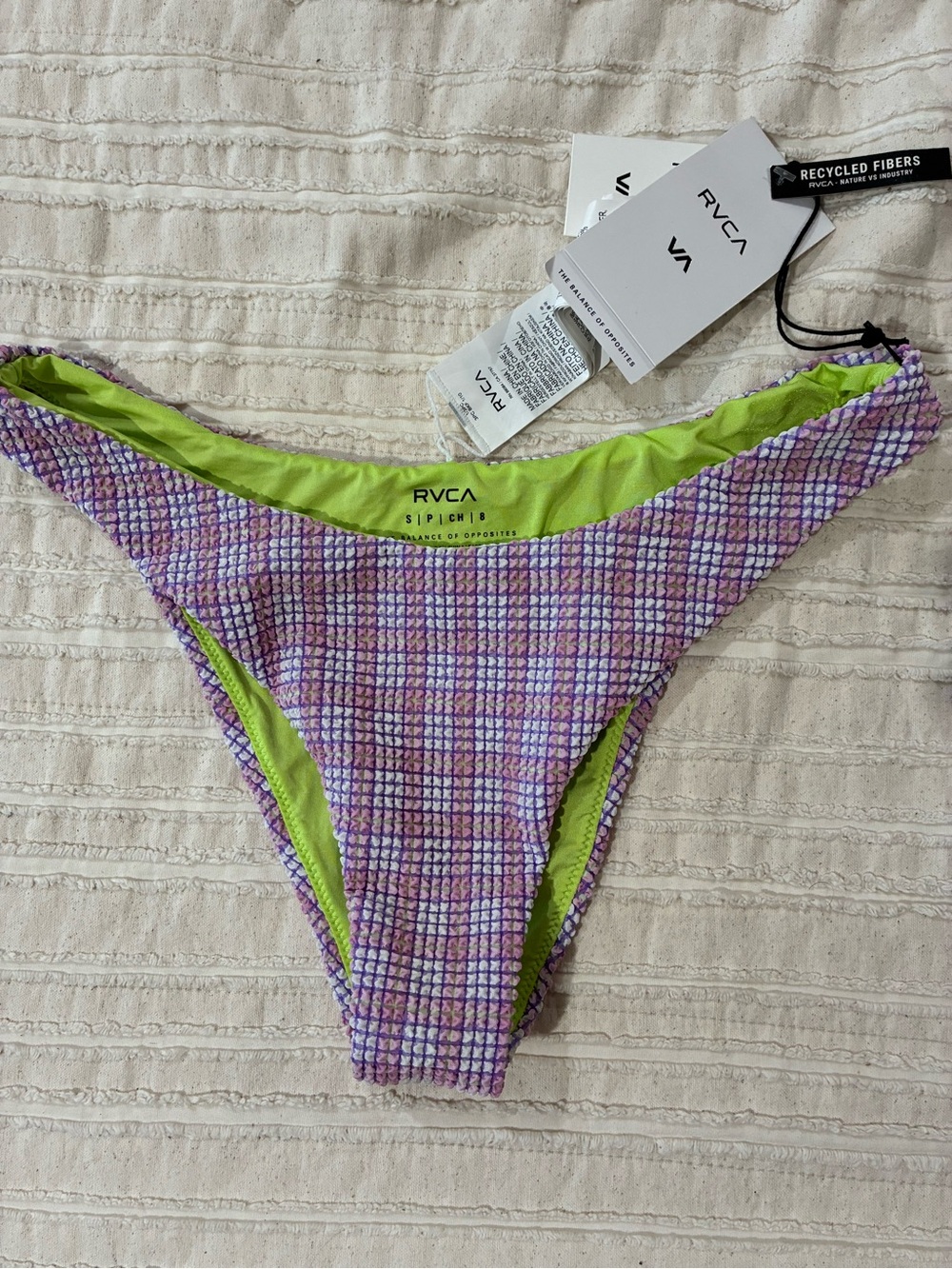 NWT RVCA Purple Check Bikini Bottom with Lime Green Waistband